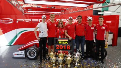 10 Robert Shvartzman (RUS, PREMA Theodore Racing, Dallara F317 – Mercedes-Benz), 7 Ralf Aron (EST, PREMA Theodore Racing, Dallara F317 - Mercedes-Benz), Angelina Ertsou (PREMA Theodore Racing), 4 Mick Schumacher (DEU, PREMA Theodore Racing, Dallara F317 – Mercedes-Benz), Rene Rosin (Team Manager PREMA Theodore Racing), 1 Guanyu Zhou (CHN, PREMA Theodore Racing, Dallara F317 - Mercedes-Benz), 8 Marcus Armstrong (ITA, PREMA Theodore Racing, Dallara F317 – Mercedes-Benz), FIA Formula 3 European Championship, round 10, Hockenheim (DEU), 12. - 14. October 2018
