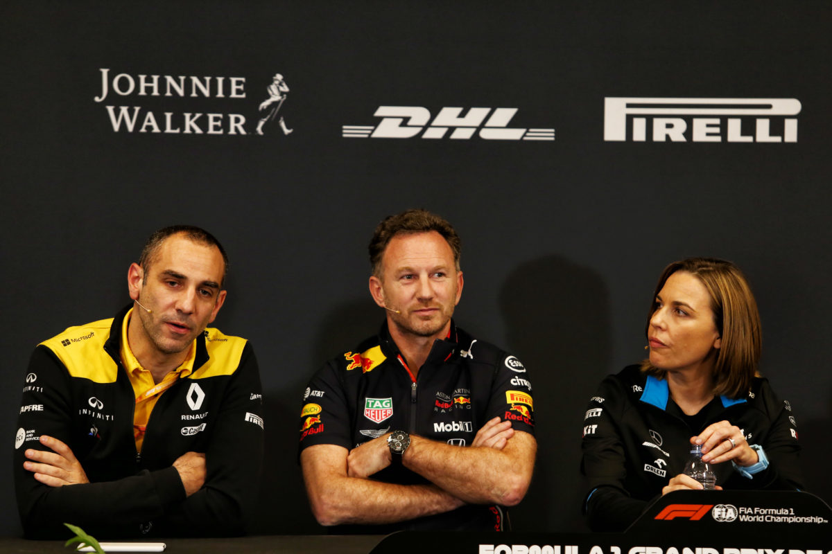 The FIA Press Conference (L to R): Cyril Abiteboul (FRA) Renault Sport F1 Managing Director; Christian Horner (GBR) Red Bull Racing Team Principal; Claire Williams (GBR) Williams Racing Deputy Team Principal. Monaco Grand Prix, Thursday 23rd May 2019. Monte Carlo, Monaco.