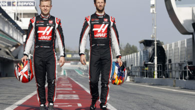 CIRCUIT DE BARCELONA-CATALUNYA, SPAIN - FEBRUARY 17: Kevin Magnussen, Haas F1 and Romain Grosjean, Haas F1 during the Haas VF-20 Filming Day at Circuit de Barcelona-Catalunya on February 17, 2020 in Circuit de Barcelona-Catalunya, Spain.