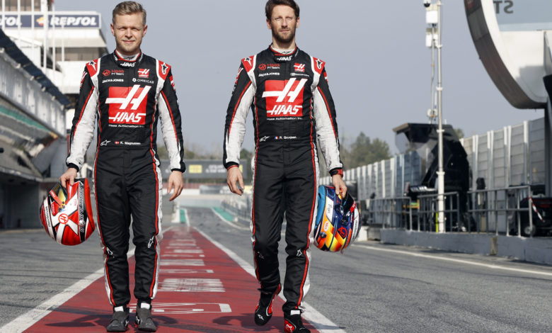 CIRCUIT DE BARCELONA-CATALUNYA, SPAIN - FEBRUARY 17: Kevin Magnussen, Haas F1 and Romain Grosjean, Haas F1 during the Haas VF-20 Filming Day at Circuit de Barcelona-Catalunya on February 17, 2020 in Circuit de Barcelona-Catalunya, Spain.