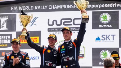 Thierry Neuville (BEL) Martijn Wydaeghe (BEL) of team Hyundai Shell Mobis celebrate on the podium in first place after winning the World Rally Championship in Spa, Belgium on 8.15.2021