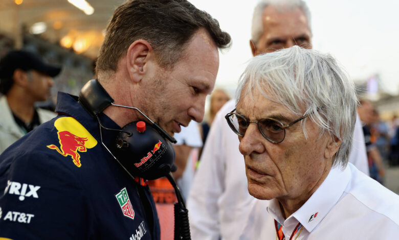 BAHRAIN, BAHRAIN - APRIL 16: Red Bull Racing Team Principal Christian Horner talks with Bernie Ecclestone, Chairman Emeritus of the Formula One Group on the grid during the Bahrain Formula One Grand Prix at Bahrain International Circuit on April 16, 2017 in Bahrain, Bahrain