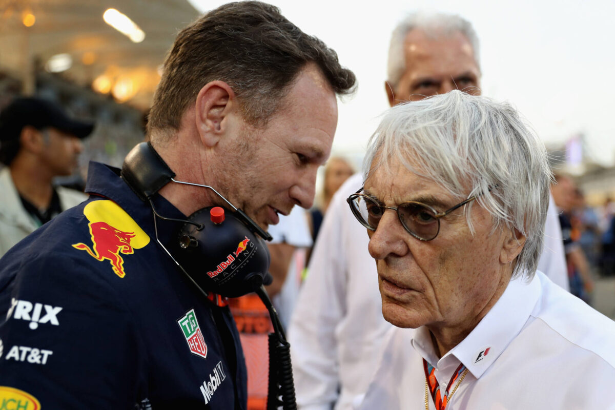 BAHRAIN, BAHRAIN - APRIL 16: Red Bull Racing Team Principal Christian Horner talks with Bernie Ecclestone, Chairman Emeritus of the Formula One Group on the grid during the Bahrain Formula One Grand Prix at Bahrain International Circuit on April 16, 2017 in Bahrain, Bahrain
