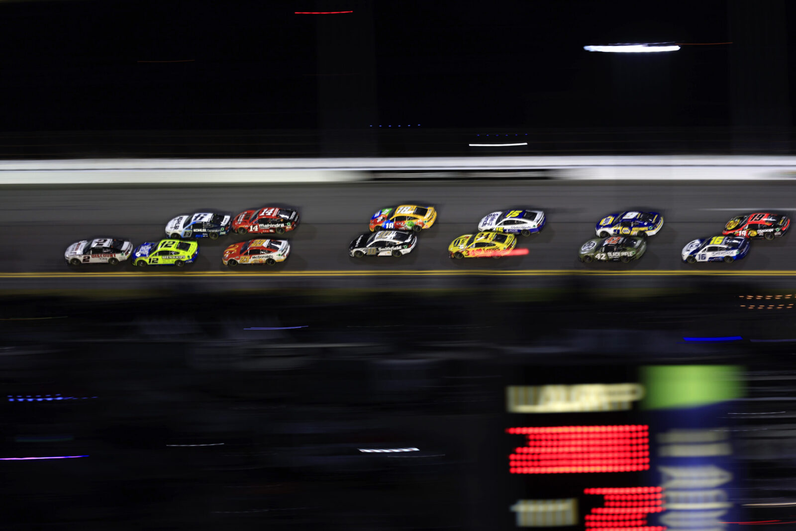DAYTONA BEACH, FLORIDA - FEBRUARY 20: Austin Cindric, driver of the #2 Discount Tire Ford, leads the field during the NASCAR Cup Series 64th Annual Daytona 500 at Daytona International Speedway on February 20, 2022 in Daytona Beach, Florida.