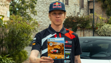 Kalle Rovanperä poses for a portrait with the new PS5 WRC game in Monte Carlo, Monaco on November 3, 2023. //