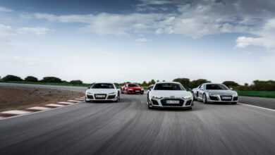 Static photo: Audi R8 Coupé V10 GT RWD, Colour: Suzuka Grey, Audi R8 Coupé V10 performance RWD, Colour: Tango red, Audi R8 GT Coupé (1st Generation), Colour: Suzuka Grey, Audi R8 5.2 FSI quattro (1st Generation), Colour: Silver metallic.