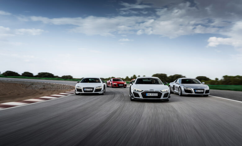 Static photo: Audi R8 Coupé V10 GT RWD, Colour: Suzuka Grey, Audi R8 Coupé V10 performance RWD, Colour: Tango red, Audi R8 GT Coupé (1st Generation), Colour: Suzuka Grey, Audi R8 5.2 FSI quattro (1st Generation), Colour: Silver metallic.