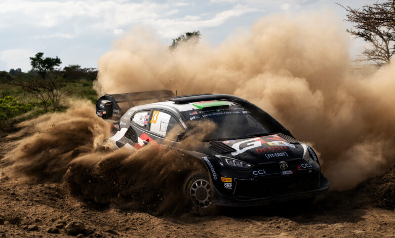 Elfyn Evans (GB) Scott Martin (GB) Of team TOYOTA GAZOO RACING WRT are seen performing during the World Rally Championship Kenya in Nairobi, Kenya on 30,March. 2024 //