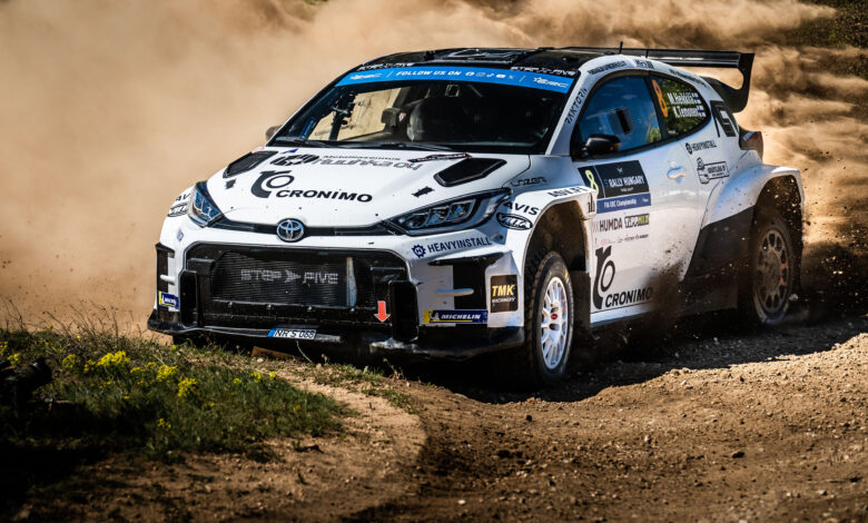 Mikko Heikkila performs during the FIA European Rally Championship in Veszprém, Hungary on April, 13, 2024