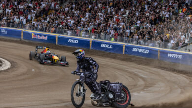 David Coulthard and Maciej Janowski Motocykl performs during the Red Bull Speed Ways 2024 in Wroclaw , Poland o