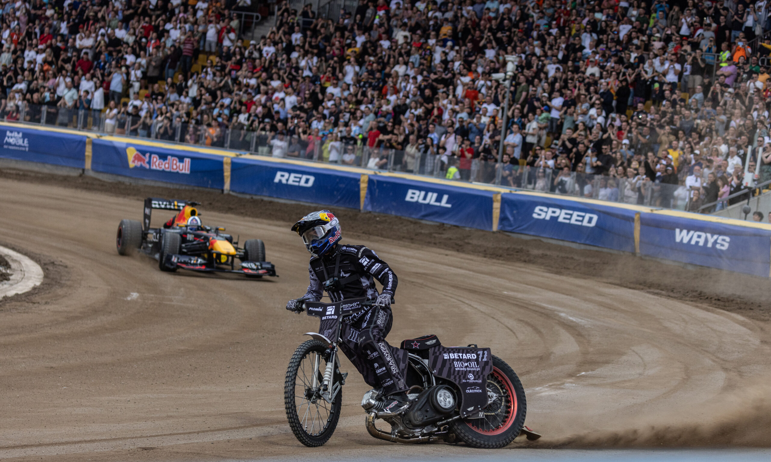 David Coulthard and Maciej Janowski Motocykl performs during the Red Bull Speed Ways 2024 in Wroclaw , Poland o