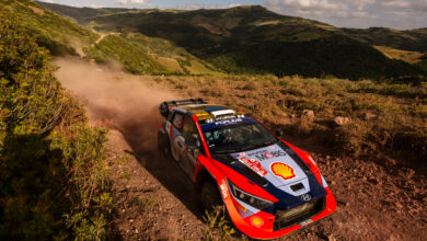 Ott Tänak (EST) Martin Järveoja (EST) Of team HYUNDAI SHELL MOBIS WORLD RALLY TEAM are seen performing during the World Rally Championship Sardinia in Alghero, Italy on 31,May, 2024 //