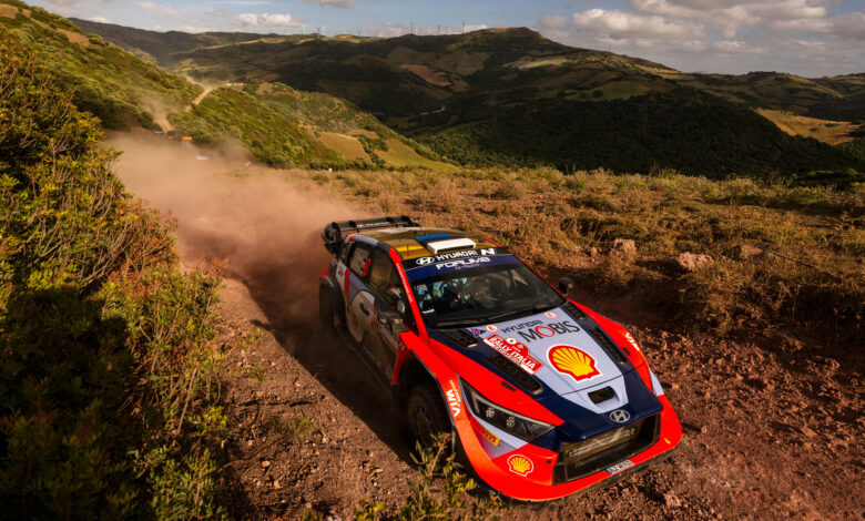 Ott Tänak (EST) Martin Järveoja (EST) Of team HYUNDAI SHELL MOBIS WORLD RALLY TEAM are seen performing during the World Rally Championship Sardinia in Alghero, Italy on 31,May, 2024 //