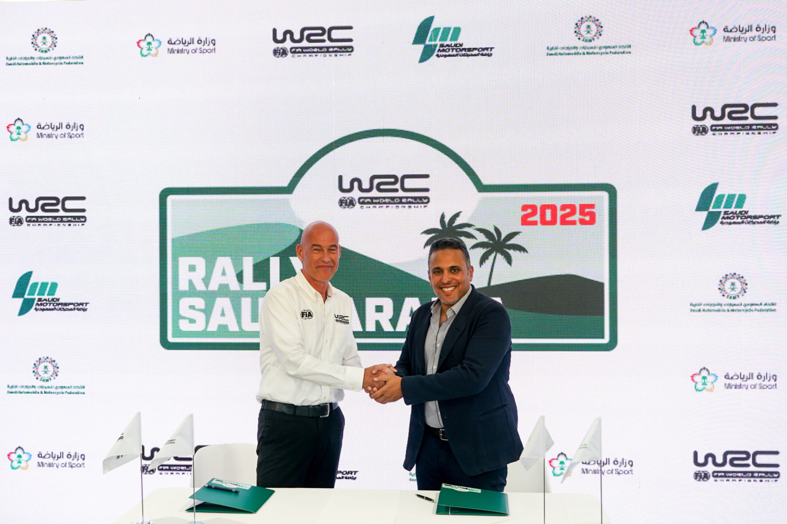 WRC Promoter Managing Director Jona Siebel and HRH Prince Khalid Bin Sultan Al Abdullah Al-Faisal at the signing of WRC Promoter’s ten-year agreement with Rally Saudi Arabia during the World Rally Championship Sardinia in Alghero, Italy on 1,June, 2024 // Arabia Saudyjska