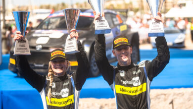 Sami Pajari (FIN) and Enni Mälkönen (FIN) celebrate on the podium in first place after winning the World Rally Championship WRC 2 class in Alghero, Italy on 02.06.2024 //