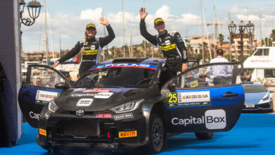 Sami Pajari (FIN) and Enni Mälkönen (FIN) celebrate on the podium in first place after winning the World Rally Championship WRC 2 class in Alghero, Italy on 02.06.2024 //