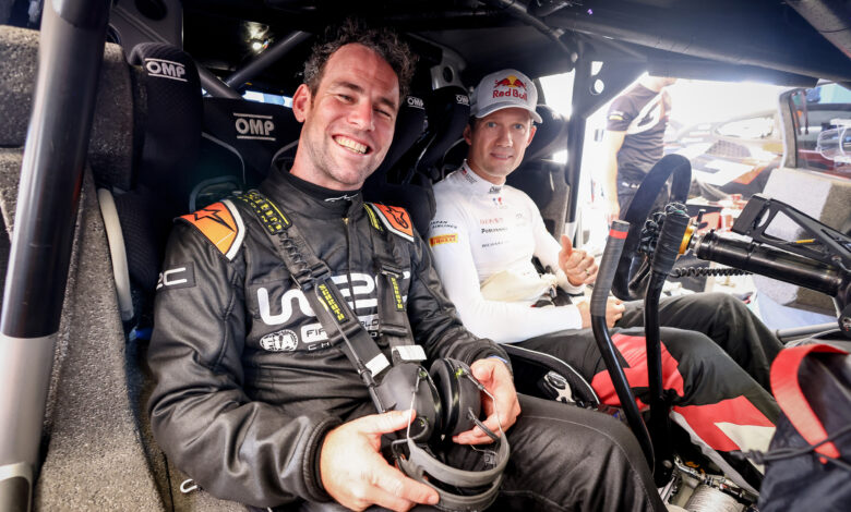 Tour de France icon Mark Cavendish joins eight-time WRC champion Sébastien Ogier for a high-speed ride during the World Rally Championship Greece in Lamia, Greece on 5,September 2024 //
