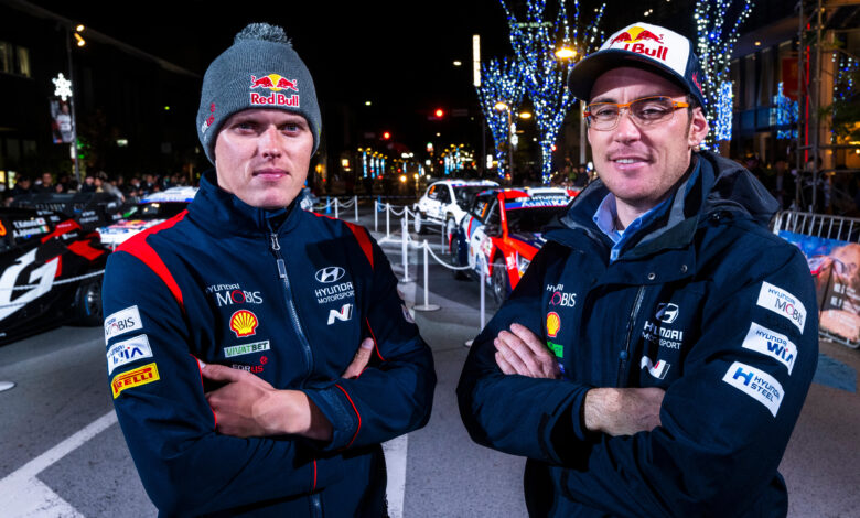 Ott Tanak (EST) Of team HYUNDAI SHELL MOBIS WORLD RALLY TEAM and Thierry Neuville (BEL) Of team HYUNDAI SHELL MOBIS WORLD RALLY TEAM seen during the World Rally Championship Japan in Toyota city, Japan on 20,November. 2023 //