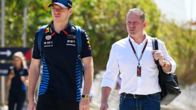 BAHRAIN, BAHRAIN - FEBRUARY 29: Max Verstappen of the Netherlands and Oracle Red Bull Racing and Jos Verstappen walk in the Paddock prior to practice ahead of the F1 Grand Prix of Bahrain at Bahrain International Circuit on February 29, 2024 in Bahrain, Bahrain. (