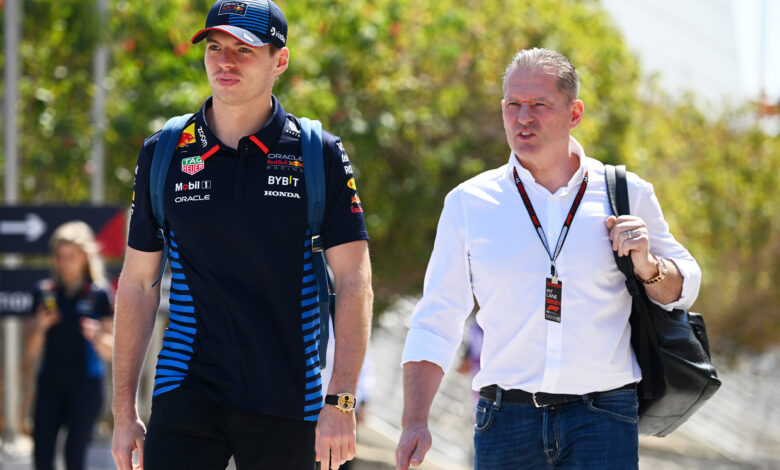 BAHRAIN, BAHRAIN - FEBRUARY 29: Max Verstappen of the Netherlands and Oracle Red Bull Racing and Jos Verstappen walk in the Paddock prior to practice ahead of the F1 Grand Prix of Bahrain at Bahrain International Circuit on February 29, 2024 in Bahrain, Bahrain. (