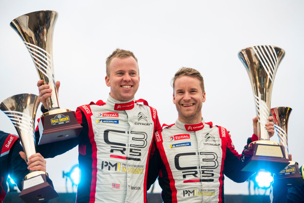 Mads Ostberg (NOR) and Torstein Eriksen ERC (NOR) of team PH Sport celebrate on the podium after winning WRC 2 during World Rally Championship Sweden in Torsby, Sweden on February 16, 2020 //