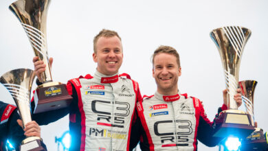 Mads Ostberg (NOR) and Torstein Eriksen ERC (NOR) of team PH Sport celebrate on the podium after winning WRC 2 during World Rally Championship Sweden in Torsby, Sweden on February 16, 2020 //