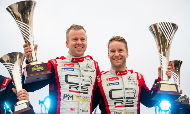 Mads Ostberg (NOR) and Torstein Eriksen ERC (NOR) of team PH Sport celebrate on the podium after winning WRC 2 during World Rally Championship Sweden in Torsby, Sweden on February 16, 2020 //