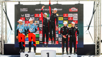 Sebastien Ogier (FRA) Vincent Landais (FRA) Of team TOYOTA GAZOO RACING WRT celebrate on the podium in first place after winning the World Rally Championship in Porto, Portugal on 18.05.2025 with Ott Tänak (EST) Martin Järveoja (EST) Of team HYUNDAI SHELL MOBIS WORLD RALLY TEAM seccond and Kalle Rovanperä (FIN) Jonne Halttunen (FIN) Of team TOYOTA GAZOO RACING WRT third place //