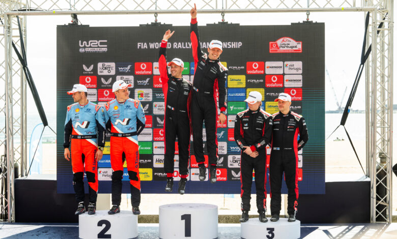 Sebastien Ogier (FRA) Vincent Landais (FRA) Of team TOYOTA GAZOO RACING WRT celebrate on the podium in first place after winning the World Rally Championship in Porto, Portugal on 18.05.2025 with Ott Tänak (EST) Martin Järveoja (EST) Of team HYUNDAI SHELL MOBIS WORLD RALLY TEAM seccond and Kalle Rovanperä (FIN) Jonne Halttunen (FIN) Of team TOYOTA GAZOO RACING WRT third place //