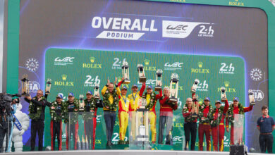 83 KUBICA Robert (pol), YE Yifei (chn), HANSON Philip (gbr), AF Corse, Ferrari 499P, #83, Hypercar, podium, 06 ESTRE Kevin (fra), VANTHOOR Laurens (bel), CAMPBELL Matt (aus), Porsche Penske Motorsport, Porsche 963, #6, Hypercar, 51 PIER GUIDI Alessandro (ita), CALADO James (gbr), GIOVINAZZI Antonio (ita), Ferrari AF Corse, Ferrari 499P, #51, Hypercar, during the 24 Hours of Le Mans 2025, 4th round of the 2025 FIA World Endurance Championship, on June 15, 2025 on the Circuit des 24 Heures du Mans in Le Man