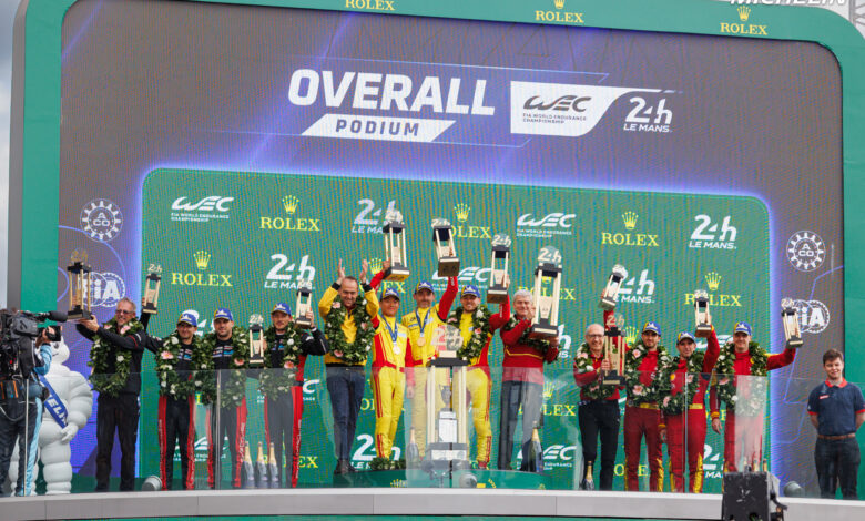 83 KUBICA Robert (pol), YE Yifei (chn), HANSON Philip (gbr), AF Corse, Ferrari 499P, #83, Hypercar, podium, 06 ESTRE Kevin (fra), VANTHOOR Laurens (bel), CAMPBELL Matt (aus), Porsche Penske Motorsport, Porsche 963, #6, Hypercar, 51 PIER GUIDI Alessandro (ita), CALADO James (gbr), GIOVINAZZI Antonio (ita), Ferrari AF Corse, Ferrari 499P, #51, Hypercar, during the 24 Hours of Le Mans 2025, 4th round of the 2025 FIA World Endurance Championship, on June 15, 2025 on the Circuit des 24 Heures du Mans in Le Man