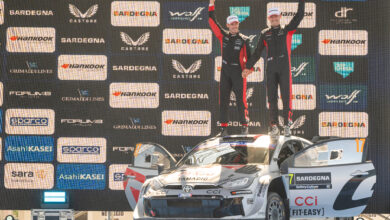 Sebastien Ogier (FRA) and Vincent Landais (FRA) of team TOYOTA GAZOO RACING WRT celebrate on the podium their first place after winning the World Rally Championship in Olbia, Italy on June 5-8, 2025. //