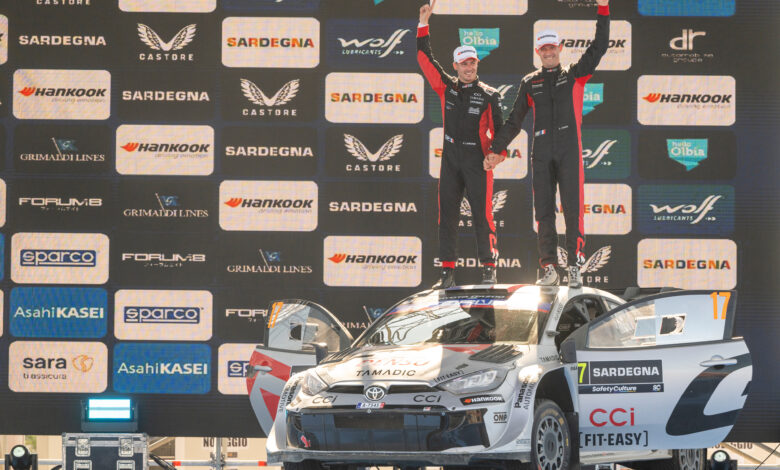 Sebastien Ogier (FRA) and Vincent Landais (FRA) of team TOYOTA GAZOO RACING WRT celebrate on the podium their first place after winning the World Rally Championship in Olbia, Italy on June 5-8, 2025. //