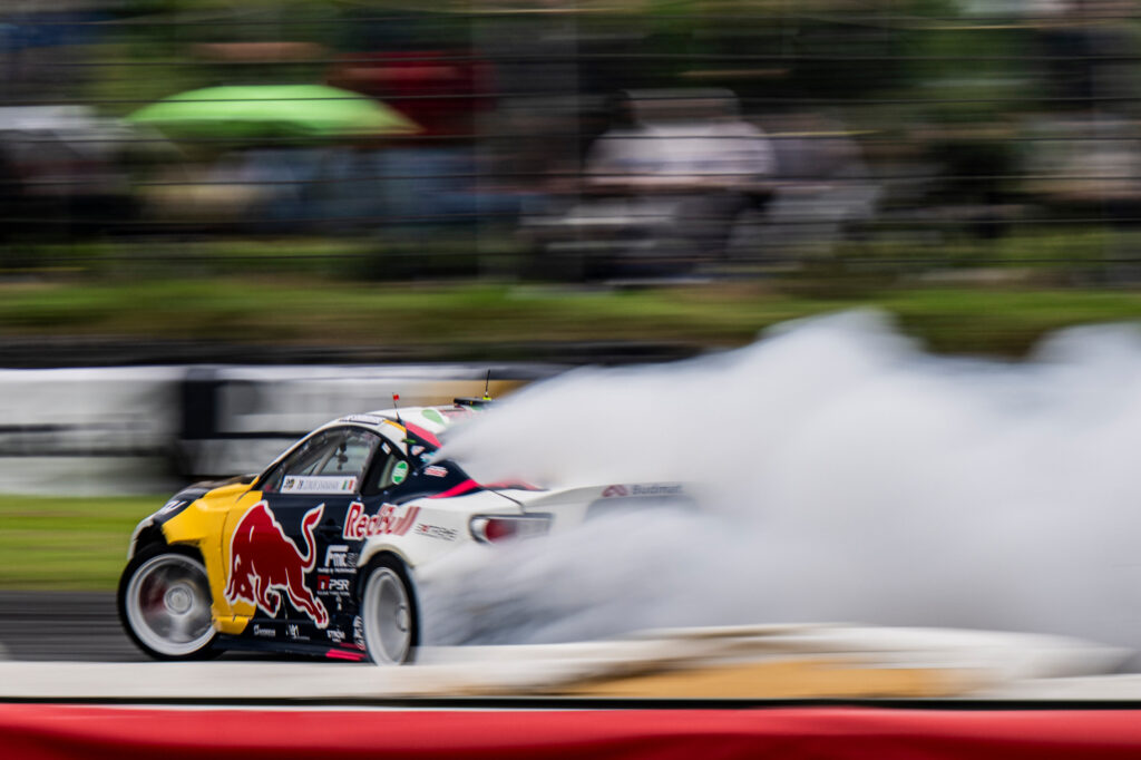 Conor Shanahan performs during the Round 4 of Drift Masters European Championship in Kildare, Ireland on June 28, 2025. //