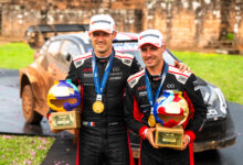 Sébastien Ogier (FRA) Vincent Landais (FRA) Of Toyota Gazoo Racing Wrt celebrate on the podium in first place after winning the World Rally Championship in Encarnacion Paraguay on 8.31.2025 //