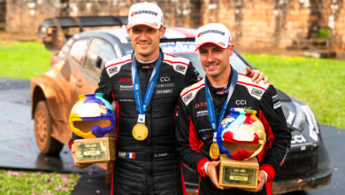 Sébastien Ogier (FRA) Vincent Landais (FRA) Of Toyota Gazoo Racing Wrt celebrate on the podium in first place after winning the World Rally Championship in Encarnacion Paraguay on 8.31.2025 //