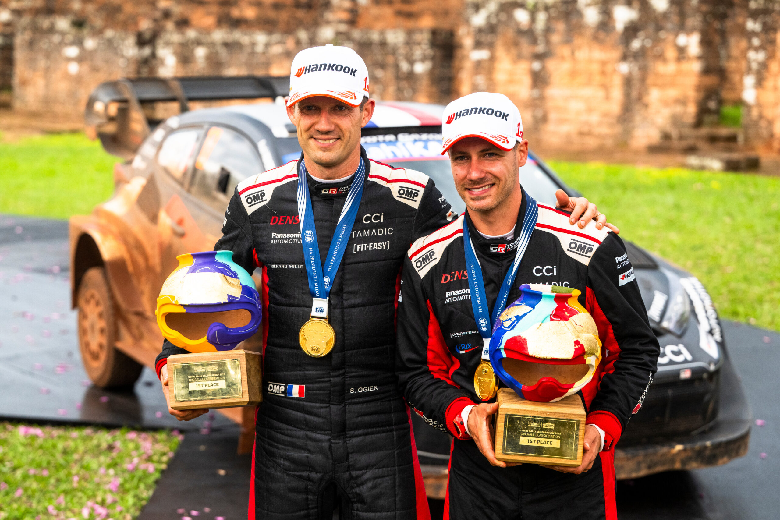 Sébastien Ogier (FRA) Vincent Landais (FRA) Of Toyota Gazoo Racing Wrt celebrate on the podium in first place after winning the World Rally Championship in Encarnacion Paraguay on 8.31.2025 //