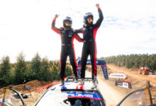 Oliver Solberg (SWE) Elliott Edmondson (GBR) Of Printsport celebrate on the podium in first place after winning the World Rally Championship in WRC 2 class in Conception , Chile on 14.09.2025 //