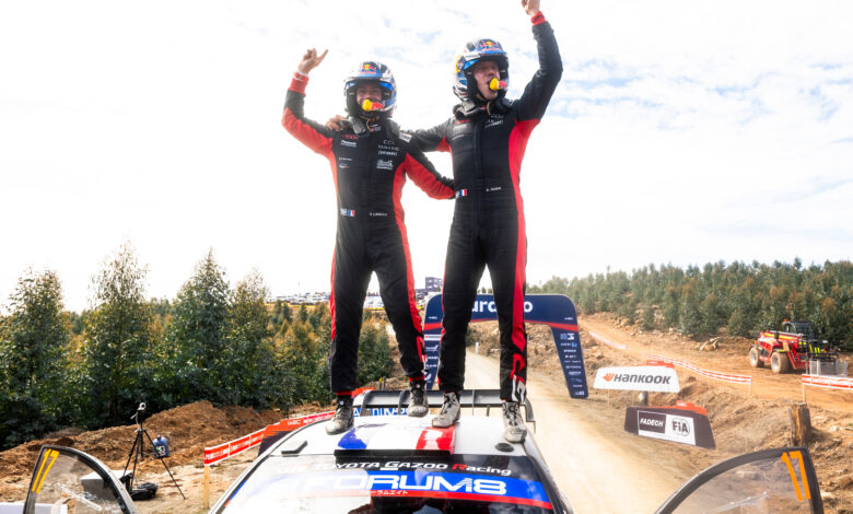 Oliver Solberg (SWE) Elliott Edmondson (GBR) Of Printsport celebrate on the podium in first place after winning the World Rally Championship in WRC 2 class in Conception , Chile on 14.09.2025 //
