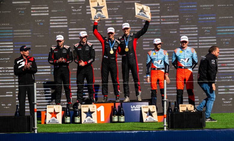 Sébastien Ogier (FRA) Vincent Landais (FRA) Of Toyota Gazoo Racing Wrt celebrate on the podium in first place after winning the World Rally Championship in Conception, Chile on September 14, 2025. //
