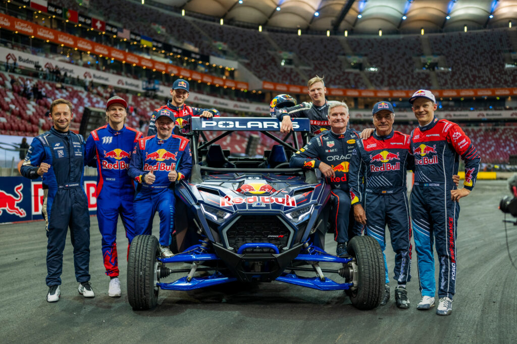 Michal Kosciuszko, Taddy Blazusiak, Adam Malysz, Timmy Hansen, Johan Kristoffersson, David Coulthard, Carlos Sainz and Mattias Ekström seen during the Red Bull Drift Masters Grand Finale in Warsaw, Poland on September 12, 2025. // 