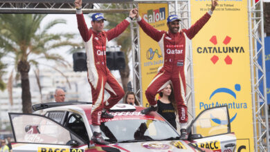 Nasser Al-Attiyah celebrates the podium during the FIA World Rally Championship 2015 in Salou, Spain on October 25, 2015
