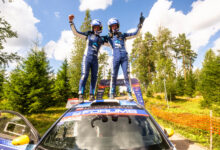Roope Korhonen (FIN) Anssi Viinikka (FIN) celebrate on the podium in first place after winning the World Rally Championship WRC 2 category in Jyvasküla, Finland on 3.08.2025 //