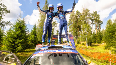 Roope Korhonen (FIN) Anssi Viinikka (FIN) celebrate on the podium in first place after winning the World Rally Championship WRC 2 category in Jyvasküla, Finland on 3.08.2025 //