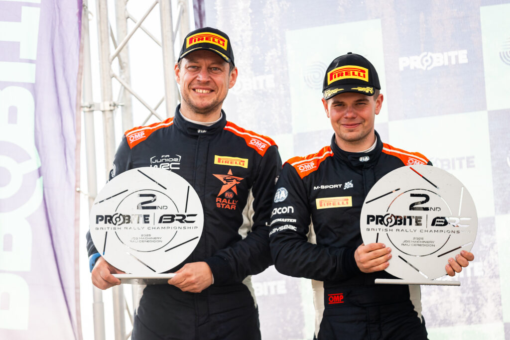 Romet Jurgenson and Siim Oja pose for a portrait after winning the second place at the FIA European Rally Championship, Stop 07 in Aberystwyth, United Kingdom on September 7, 2025 //