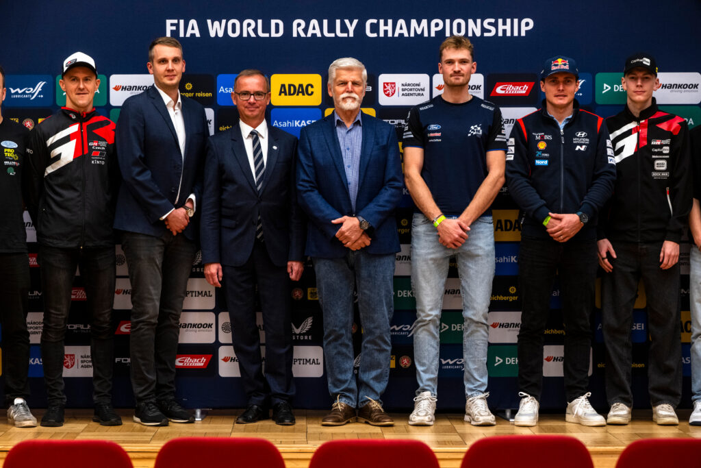 Petr Pavel President of the Czech Republic, Sami Pajari (FIN) Of Toyota Gazoo Racing Wrt2, Adrien Fourmaux (FRA) Of Hyundai Shell Mobis World Rally Team, Grégoire Munster (LUX) Of M-Sport Ford World Rally Team are seen prior the World Rally Championship CER in Prague, Czech Republic on 12,October, 2025 //