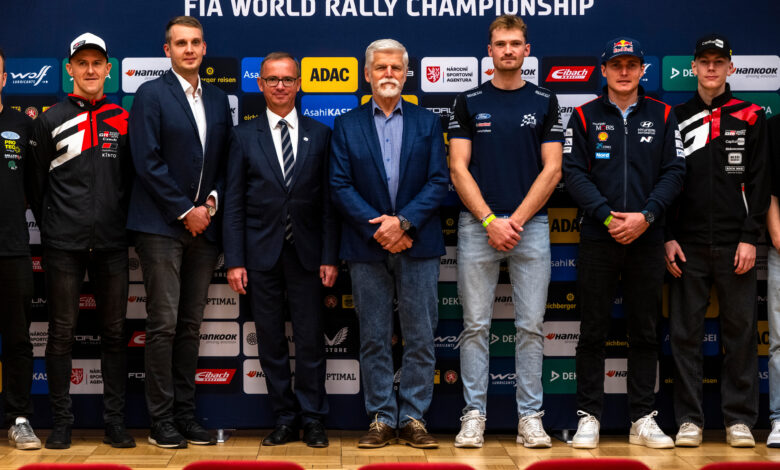Petr Pavel President of the Czech Republic, Sami Pajari (FIN) Of Toyota Gazoo Racing Wrt2, Adrien Fourmaux (FRA) Of Hyundai Shell Mobis World Rally Team, Grégoire Munster (LUX) Of M-Sport Ford World Rally Team are seen prior the World Rally Championship CER in Prague, Czech Republic on 12,October, 2025 //