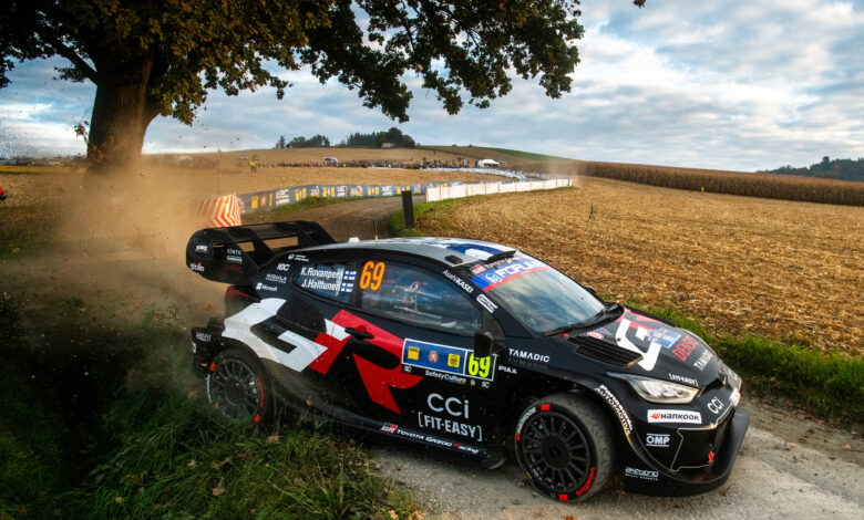 Kalle Rovanperä (FIN) Jonne Halttunen (FIN) Of Toyota Gazoo Racing Wrt are seen performing during the World Rally Championship CER in Passau, Germany on 16,October, 2025 //