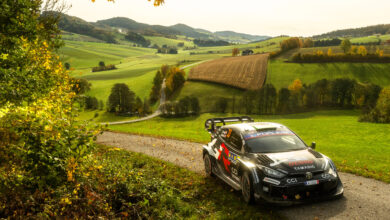 Elfyn Evans (GBR) Scott Martin (GBR) Of Toyota Gazoo Racing Wrt are seen performing during the World Rally Championship CER in Passau, Germany on 19,October, 2025 //