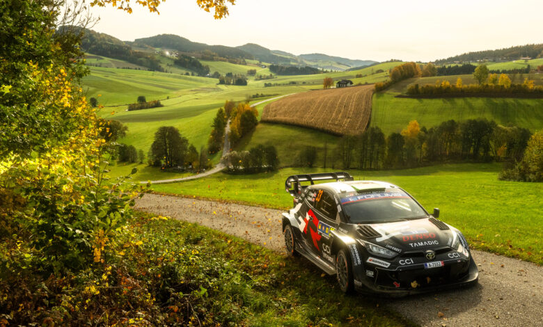 Elfyn Evans (GBR) Scott Martin (GBR) Of Toyota Gazoo Racing Wrt are seen performing during the World Rally Championship CER in Passau, Germany on 19,October, 2025 //